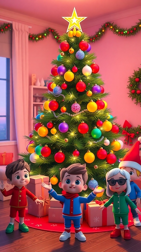 A decorated Zepeto Christmas tree with ornaments and lights in a virtual holiday setting.
